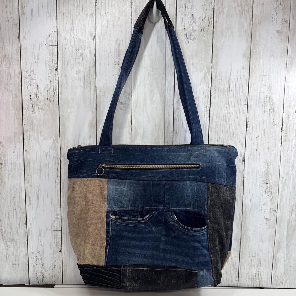 Large Denim Zippered Tote Bag: Upcycled, Blue, Tan, Black